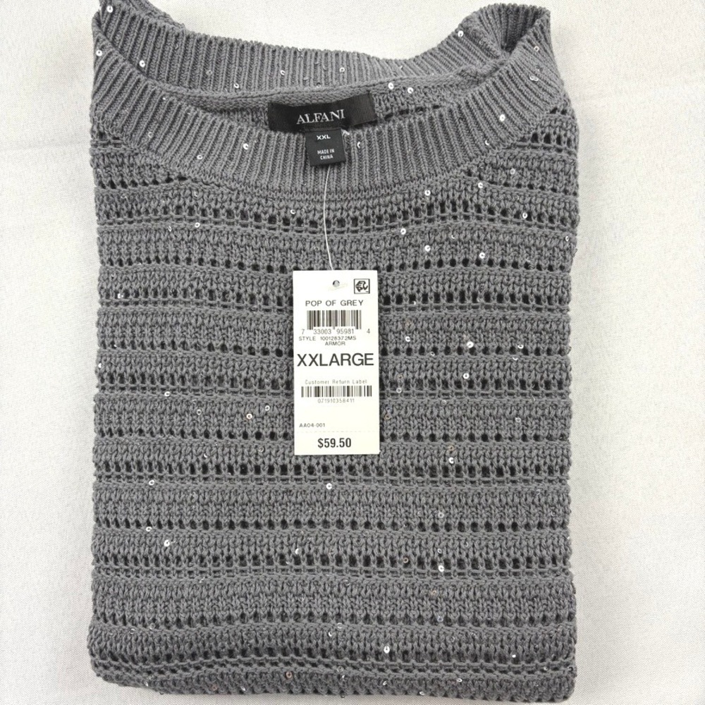 NWT Alfani Gray Sequin Women XXL Knit Sleeveless Sweater Top Open Weave Pullover